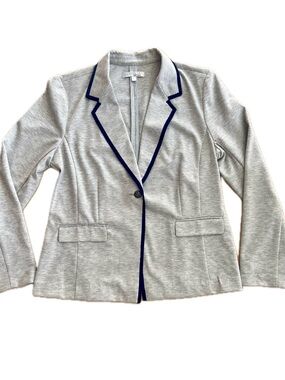 Company Ellen Tracy Grey Knit Blazer Large Navy Trim Stretch Preppy EUC